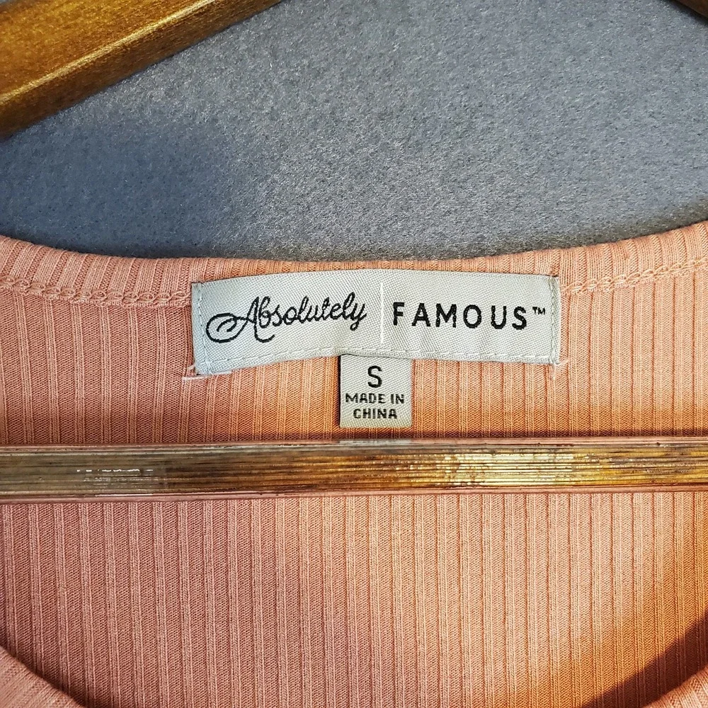 Absolutely Famous S Peach Ribbed Shirt Sheer Eyelet Floral Puffy Short Sleeve